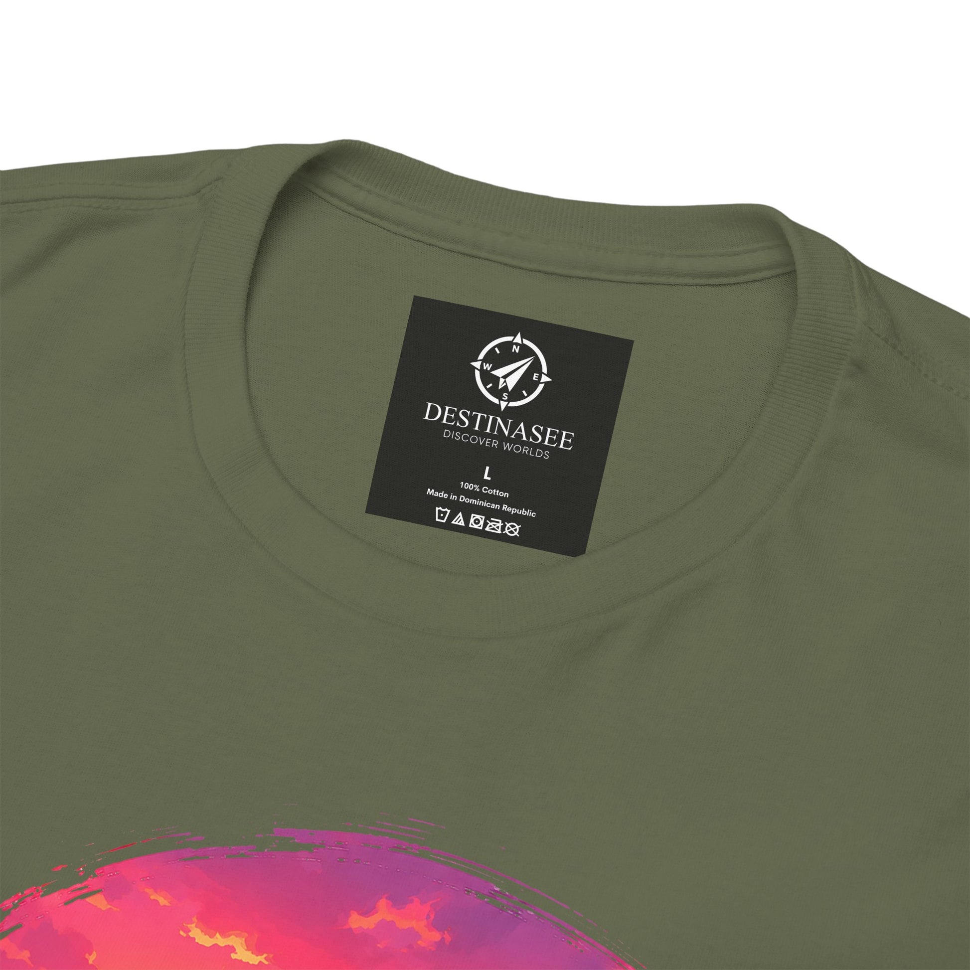 Olive green crewneck t-shirt close-up with neck label and partial Busan sunset graphic