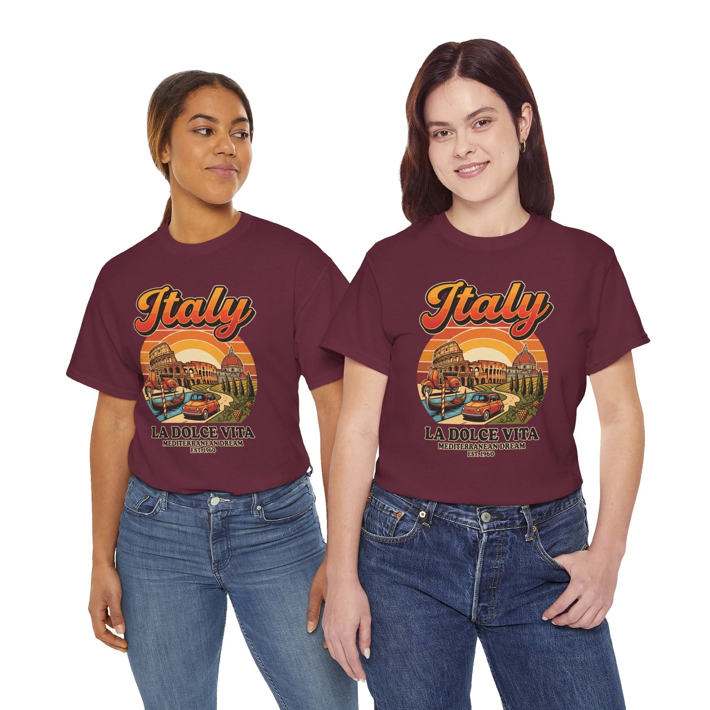 Maroon vintage graphic T-shirt with “Italy” and “La Dolce Vita” front print