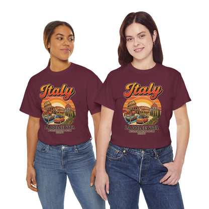 Maroon vintage graphic T-shirt with “Italy” and “La Dolce Vita” front print
