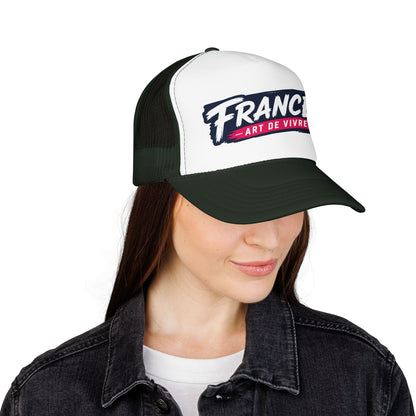 Dark green and white trucker hat with mesh back and 'FRANCE Art de Vivre' front patch