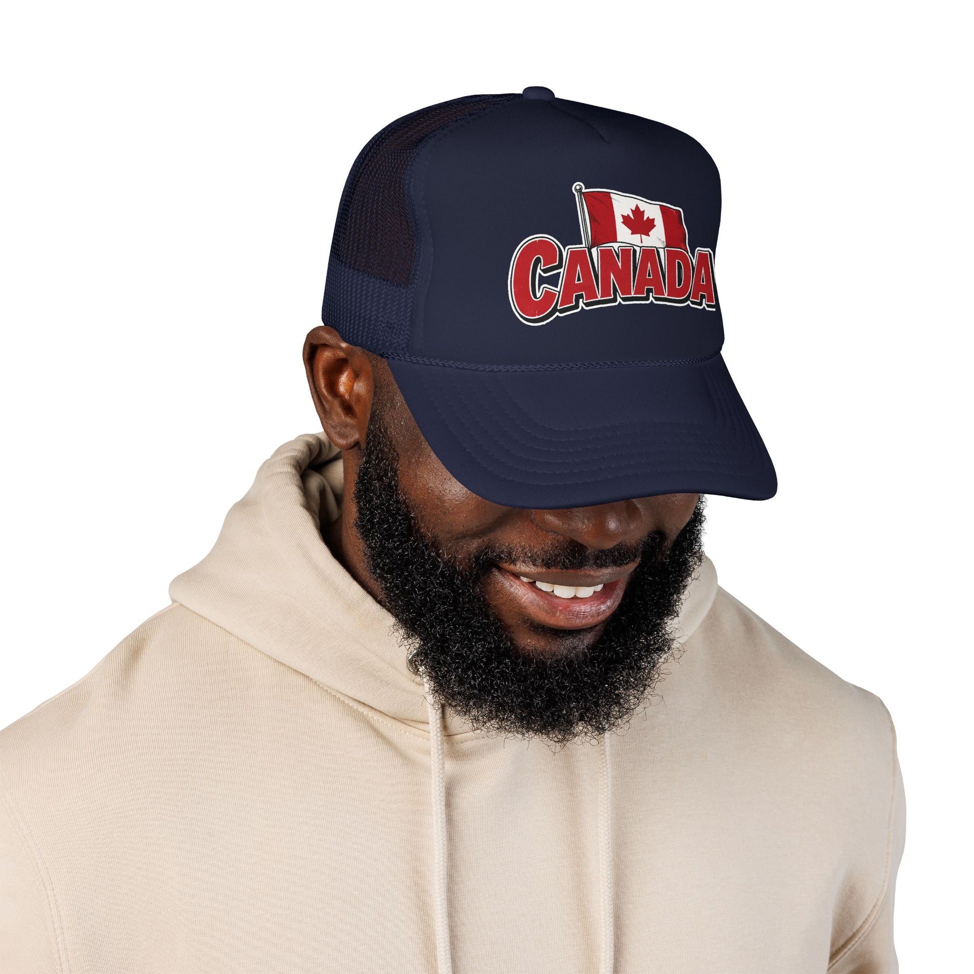 Navy trucker hat with embroidered Canada logo patch, worn with curved brim.