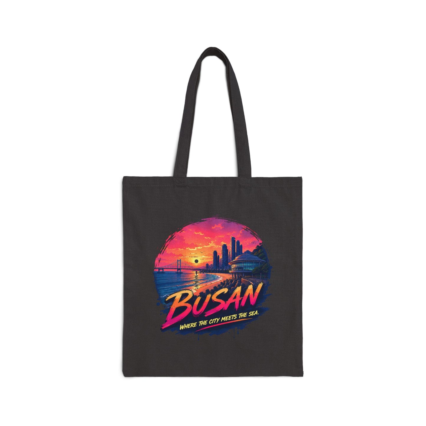 Black canvas tote bag with Busan sunset circular graphic