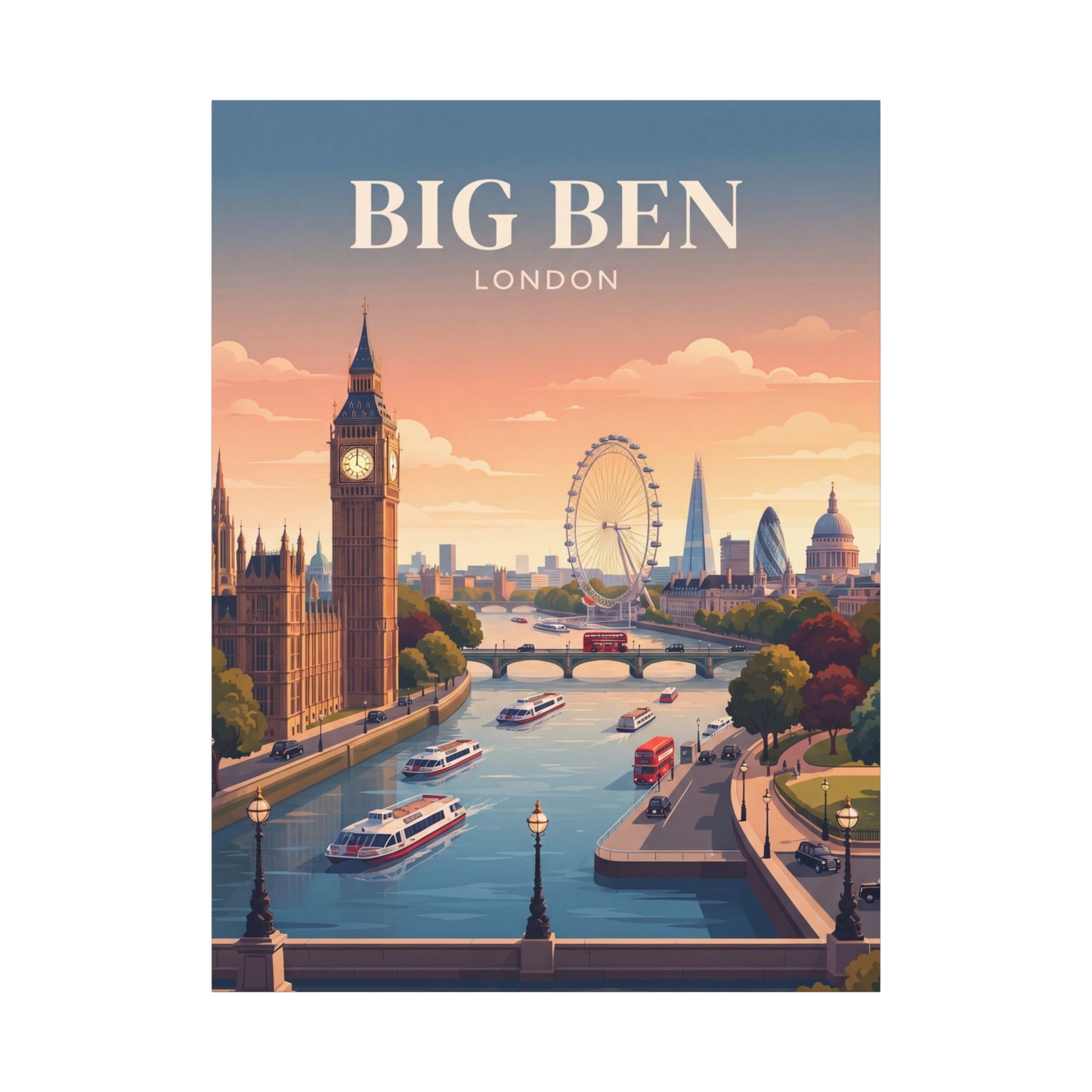 Matte canvas wall art featuring Big Ben tower, London skyline, and Ferris wheel over water
