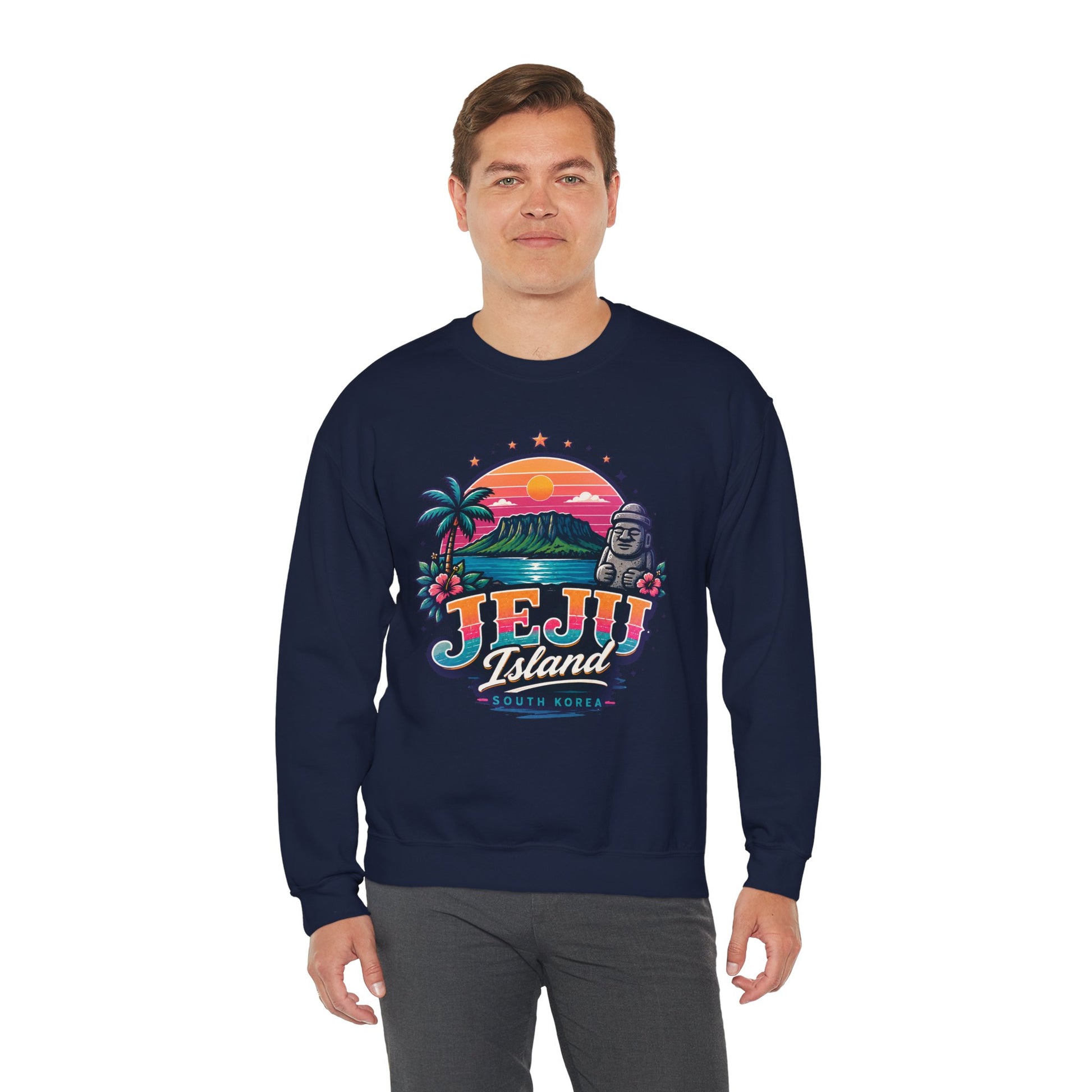 Navy graphic sweatshirt with colorful JEJU Island front print