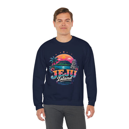 Navy graphic sweatshirt with colorful JEJU Island front print
