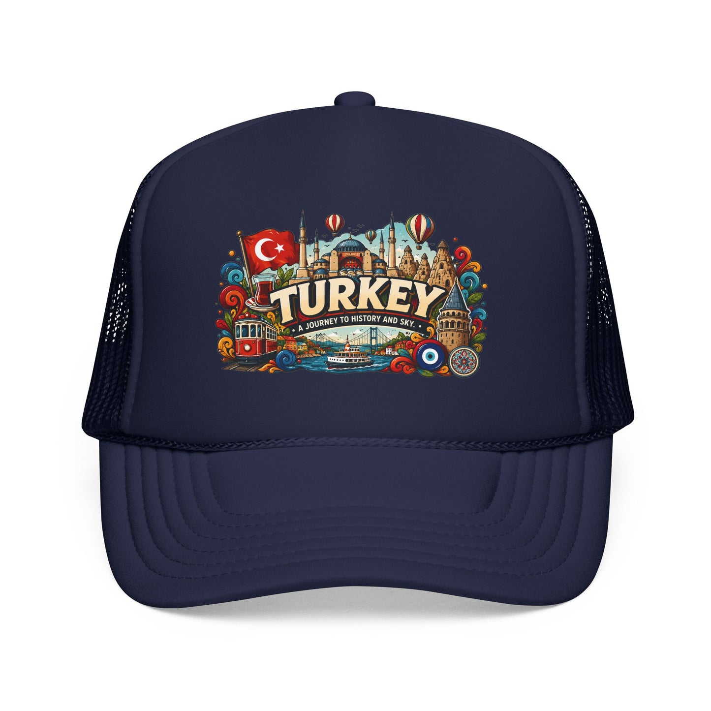Turkey trucker hat with navy front, dark navy mesh sides, and Turkey graphic patch