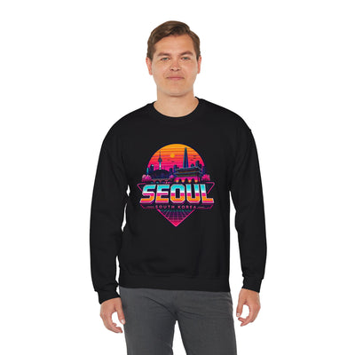 Black crewneck sweatshirt with Seoul city graphic on the chest