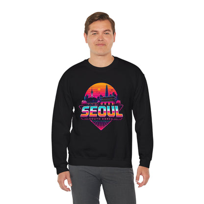 Black crewneck sweatshirt with Seoul city graphic on the chest