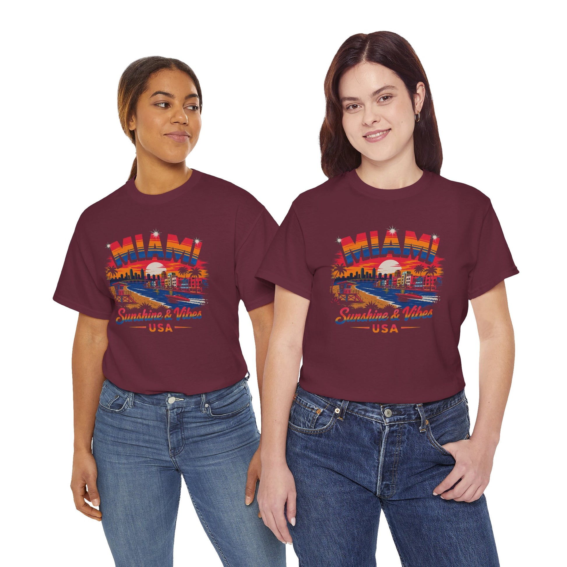 Maroon crewneck T-shirt on two models with Miami street graphic and “Sunshine & Vibes USA”