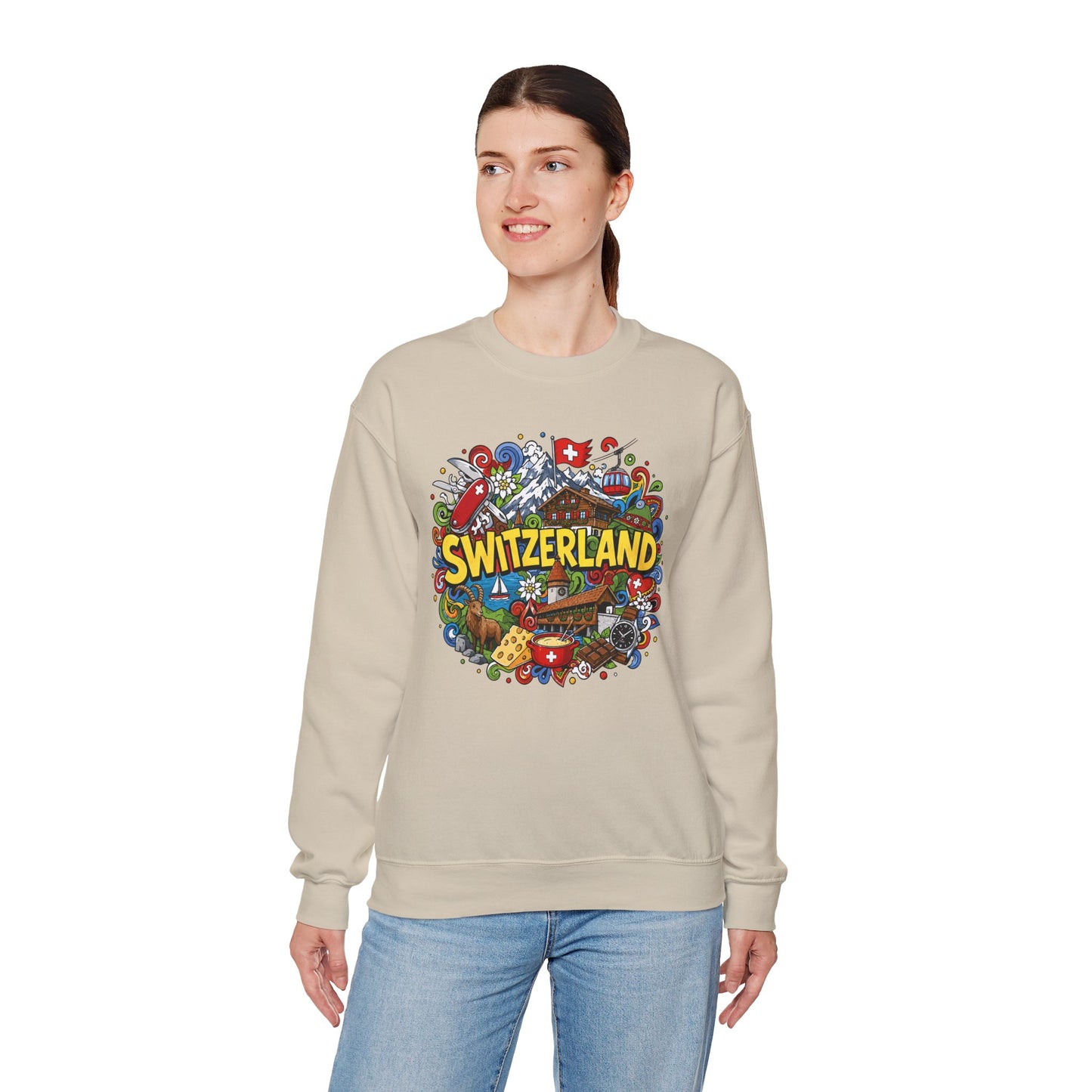 Light sand crewneck sweatshirt with colorful Switzerland graphic on the front