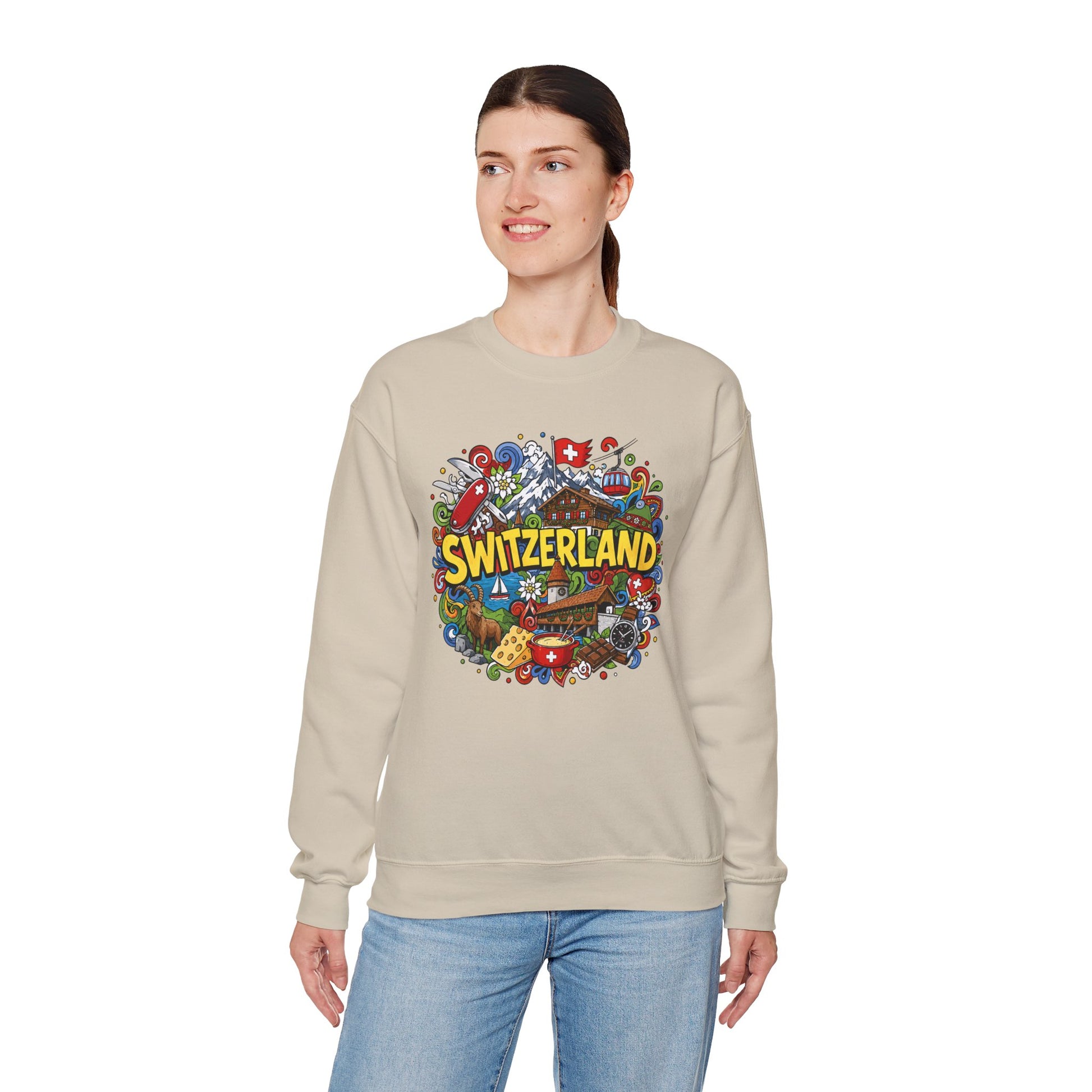 Light sand crewneck sweatshirt with colorful Switzerland graphic on the front
