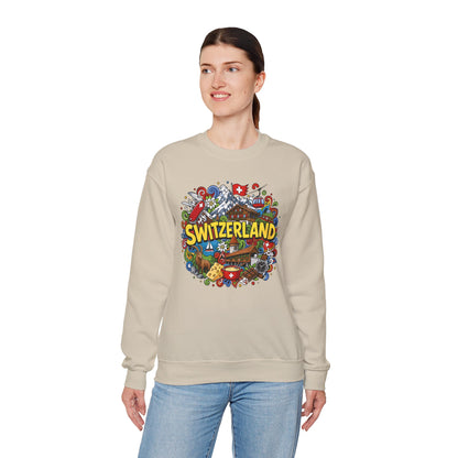 Light sand crewneck sweatshirt with colorful Switzerland graphic on the front