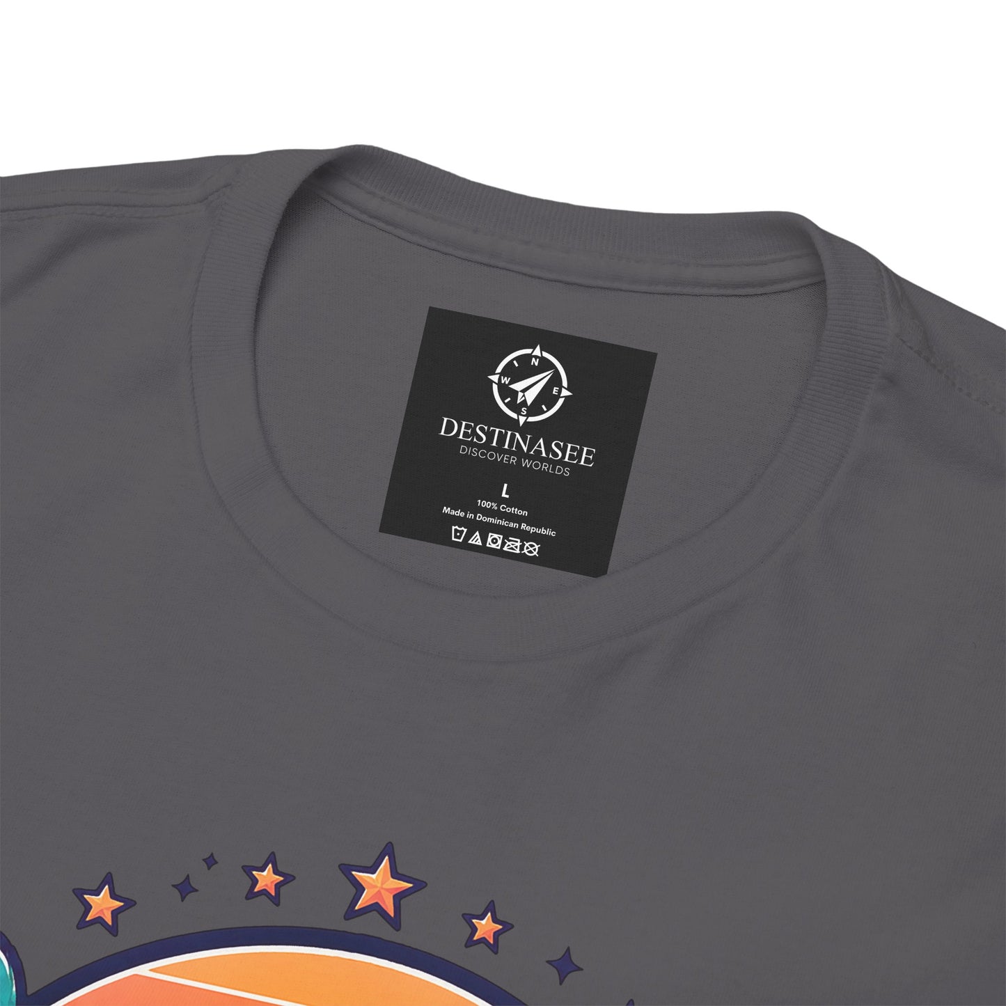 Charcoal T-shirt back neckline close-up with neck label and star graphic