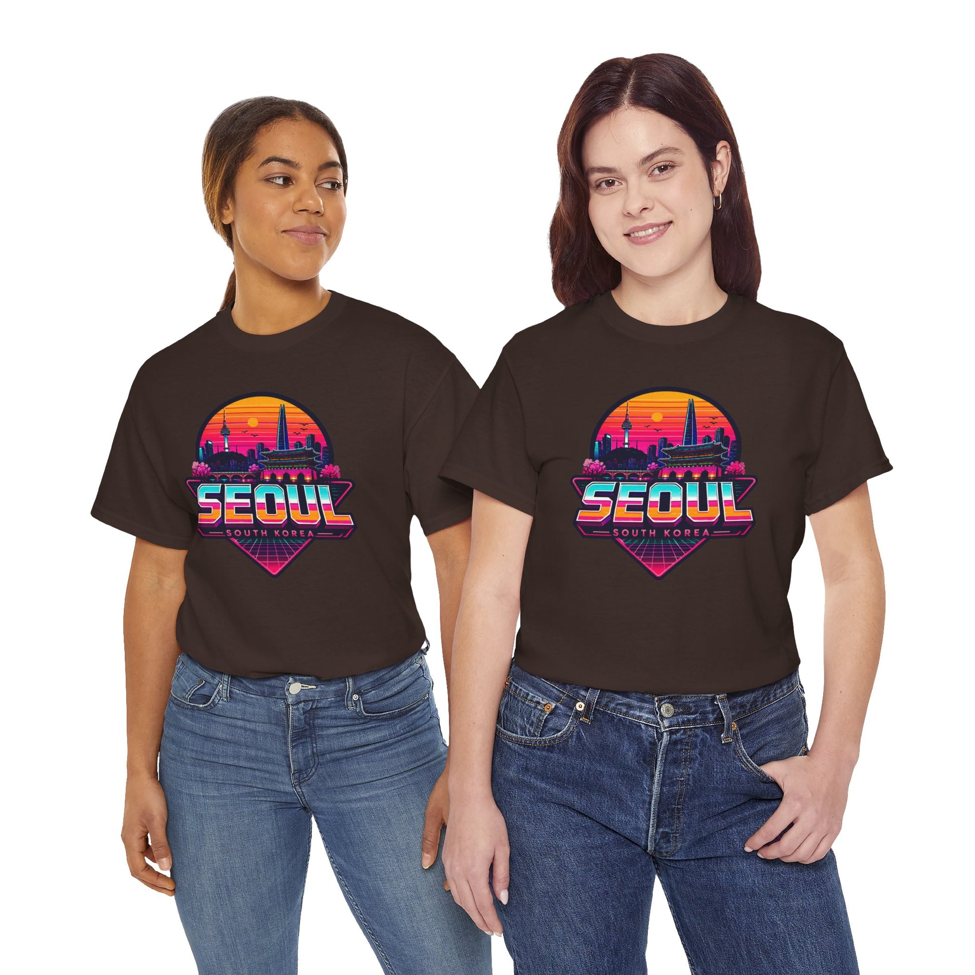 Black crew-neck T-shirt with colorful Seoul city sunset graphic on chest