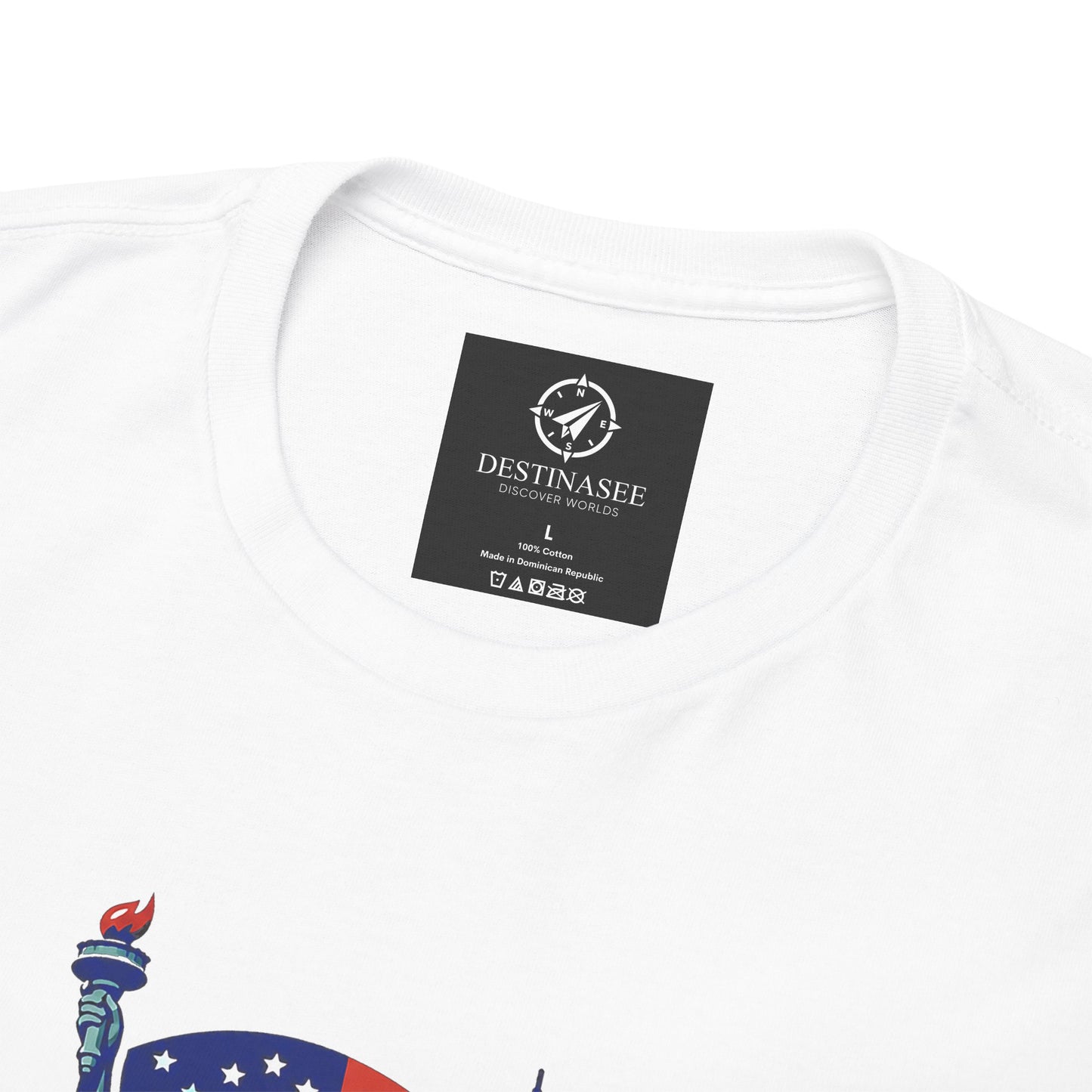 White T-shirt with printed neckline label and partial Statue of Liberty graphic