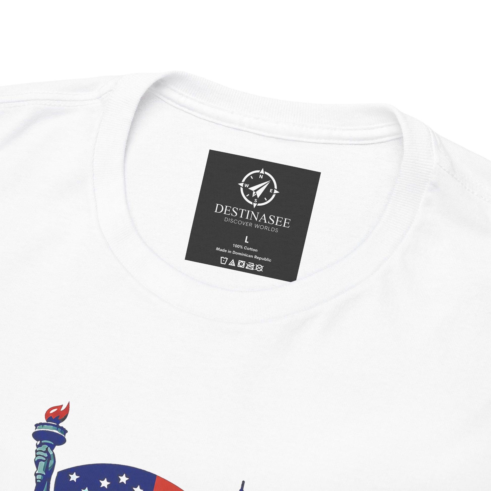 White T-shirt with printed neckline label and partial Statue of Liberty graphic