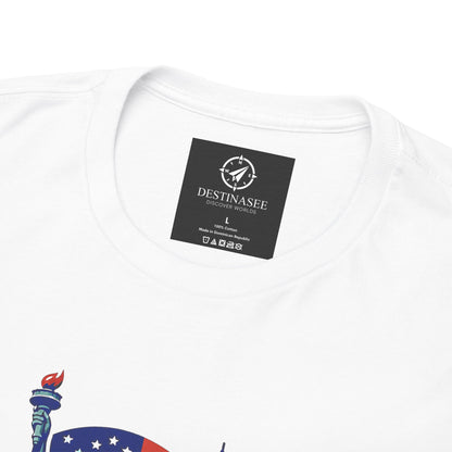 White T-shirt with printed neckline label and partial Statue of Liberty graphic