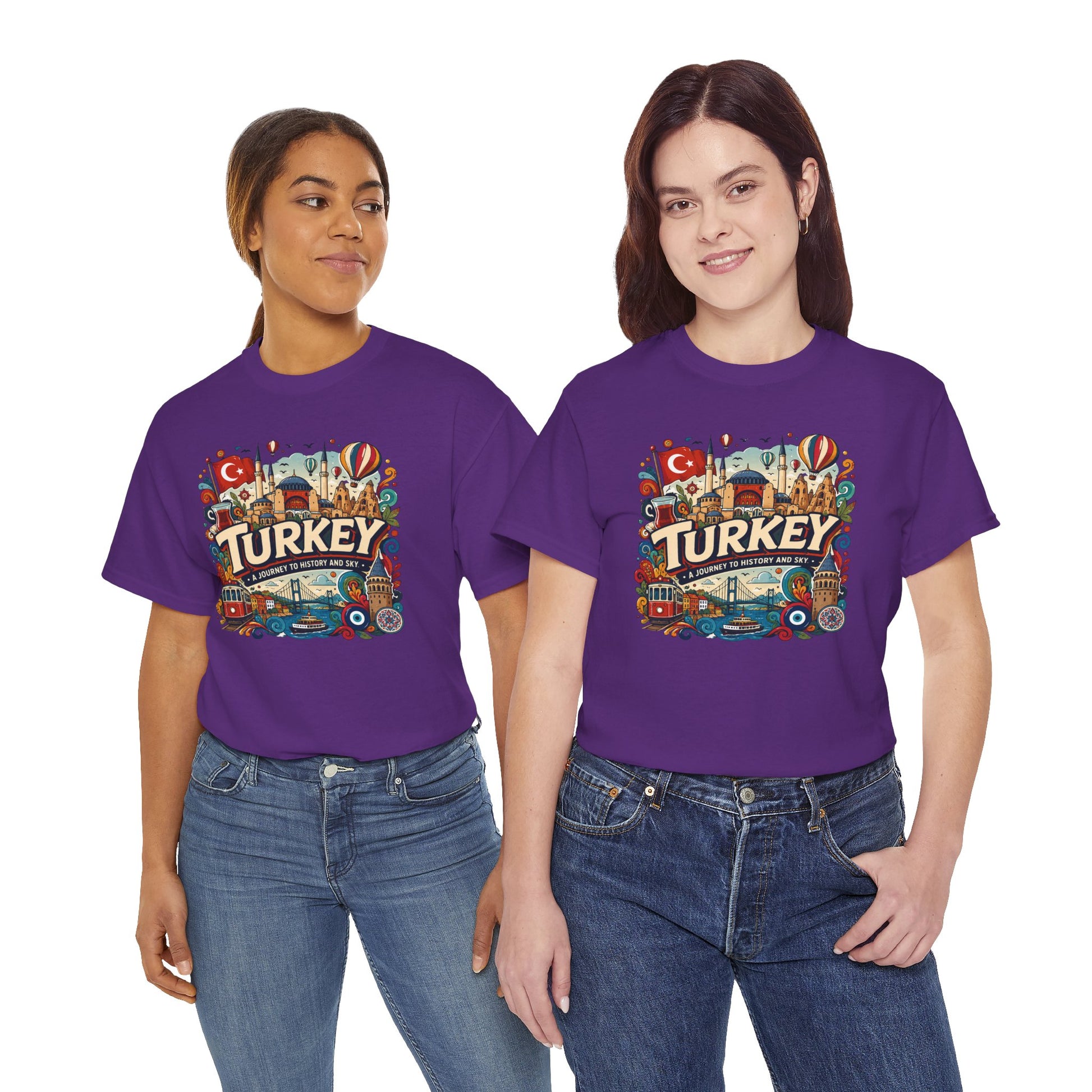 Purple graphic tee with colorful Turkey front print, crewneck short sleeves