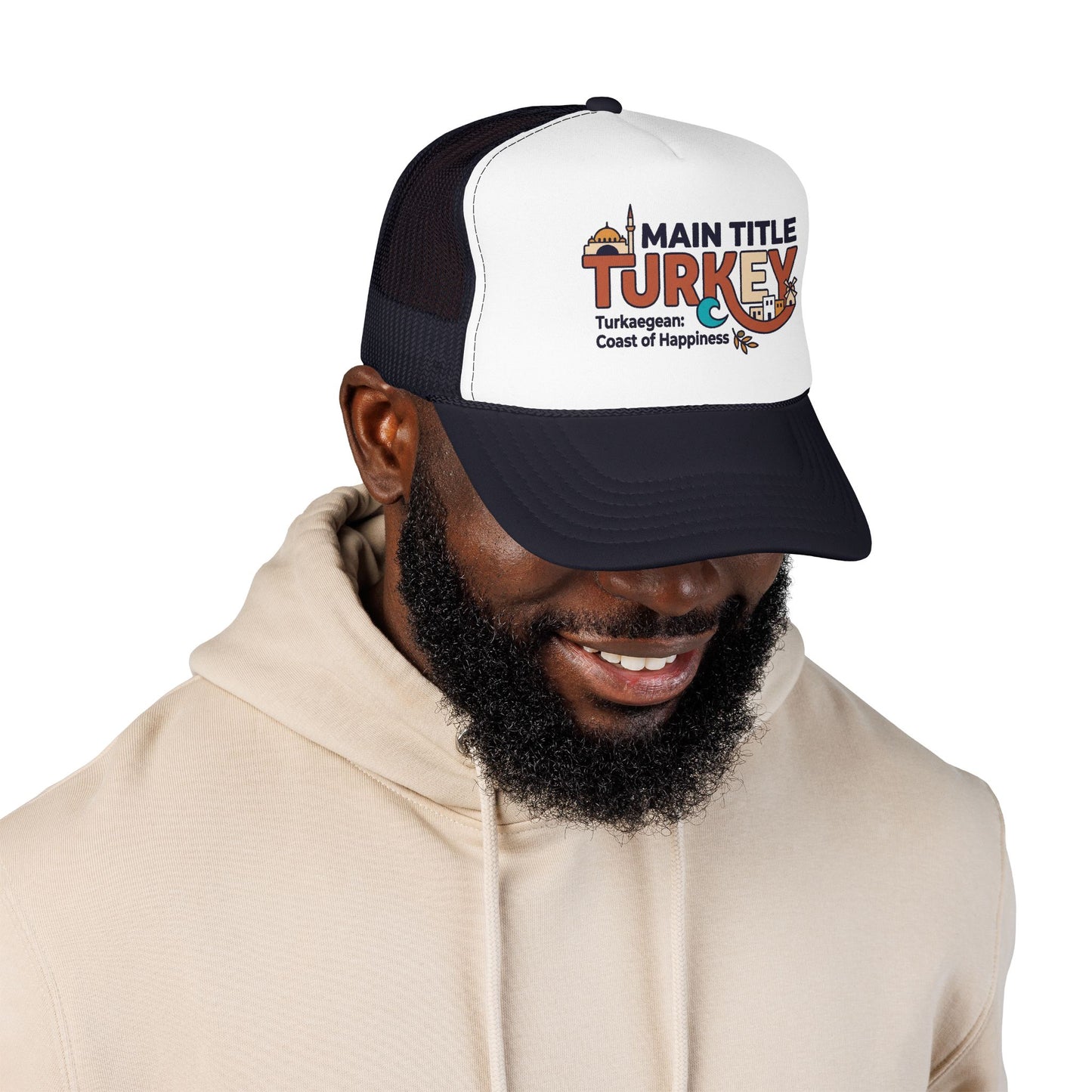 Black and white trucker hat on a man, mesh back and curved brim with Turkey logo.