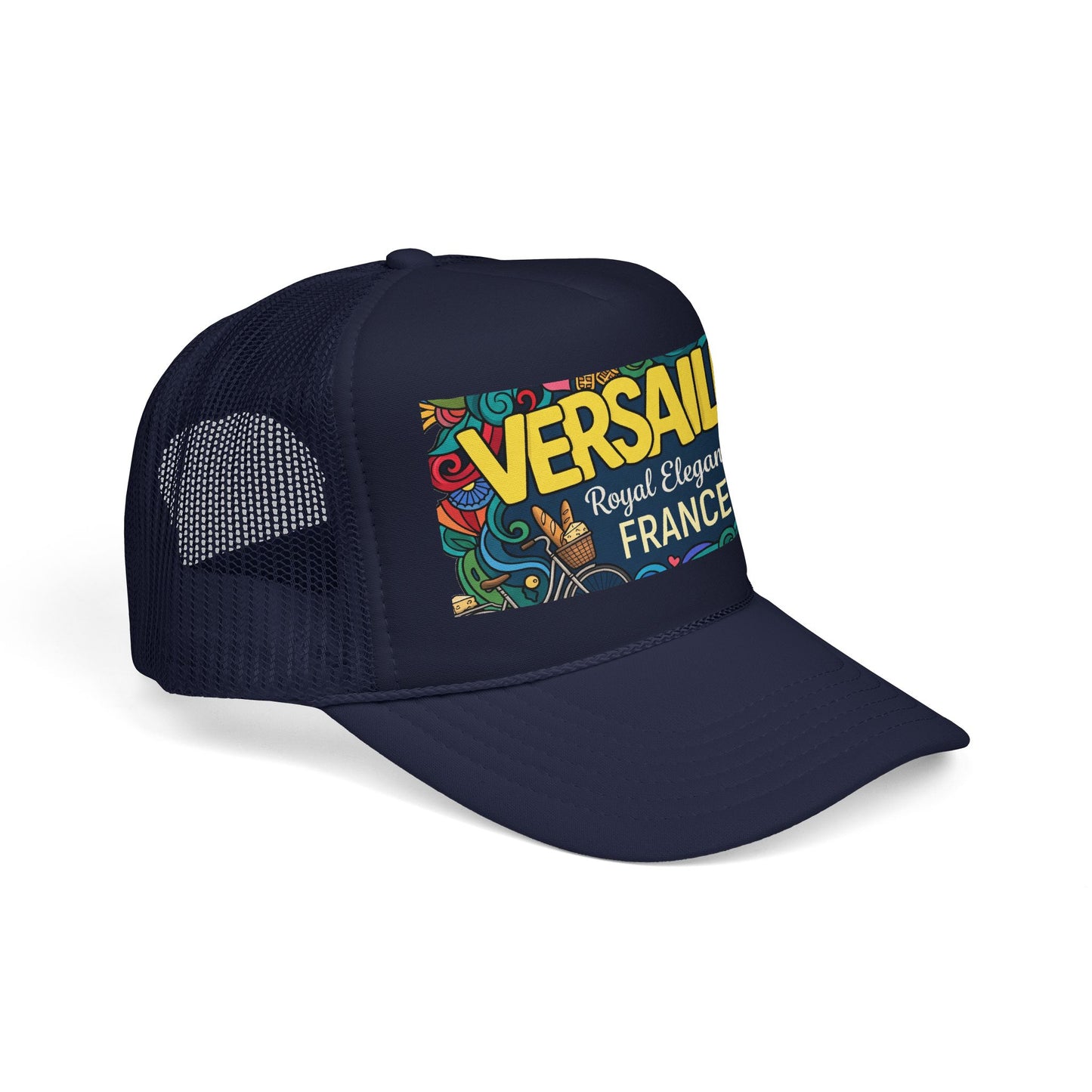 Dark navy trucker hat with mesh back and “Versailles France” colorful front patch