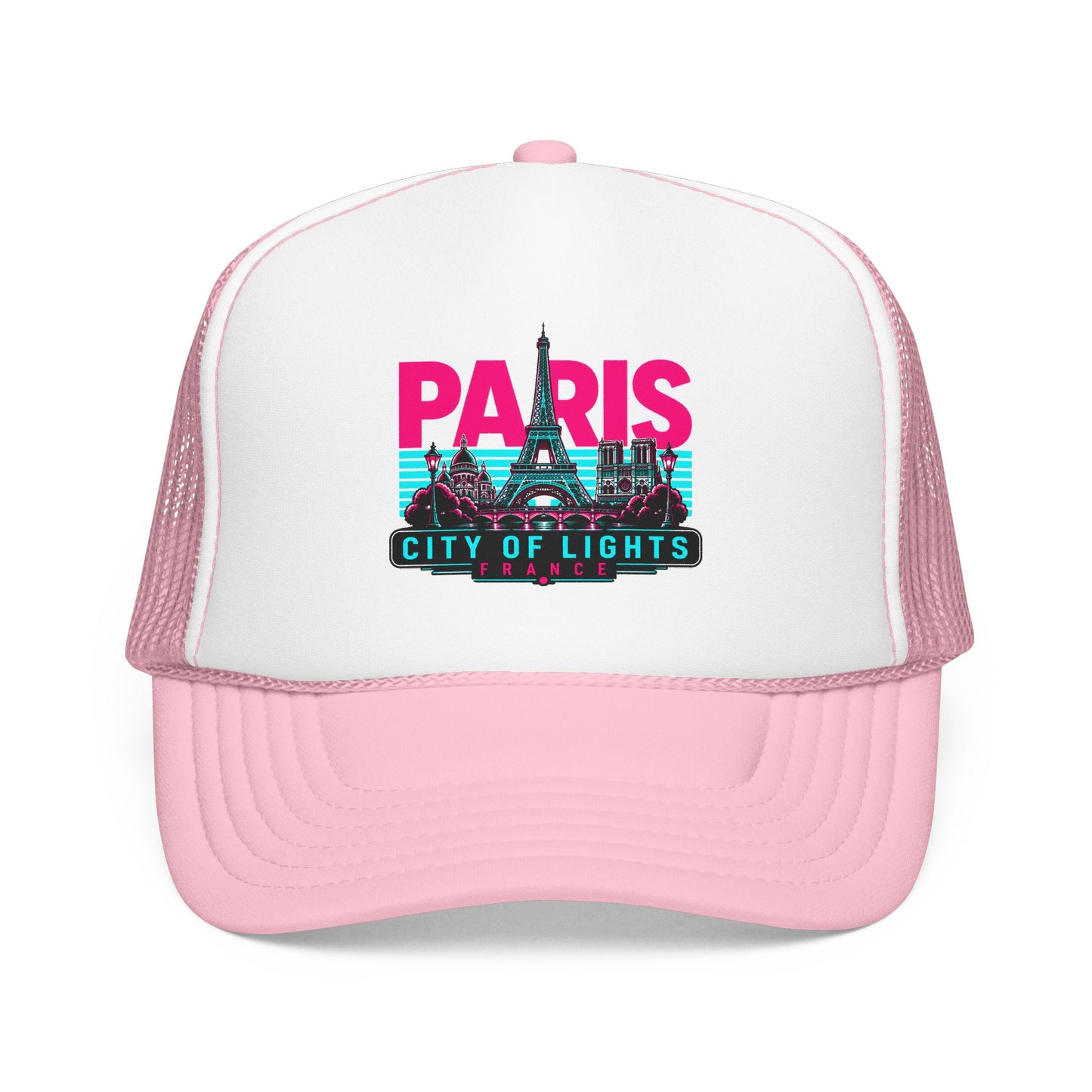 Light pink trucker hat with pink mesh sides and Paris City of Lights graphic, curved brim.