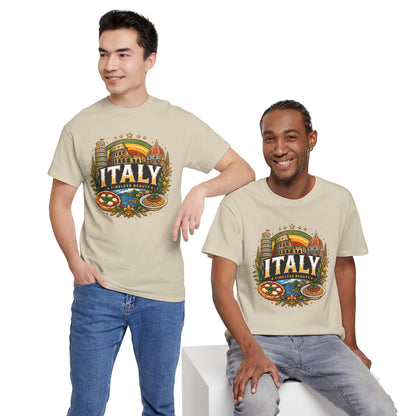 Natural beige short-sleeve crewneck T-shirt with chest Italy graphic on two models