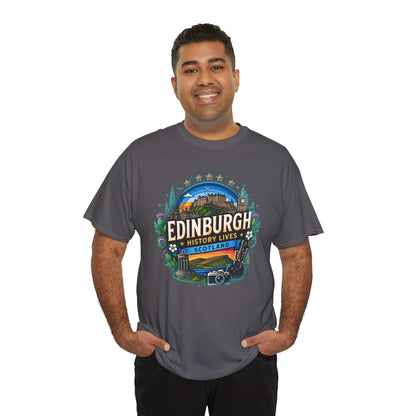 Charcoal travel T-shirt with large front Edinburgh graphic, crew neck, short sleeves
