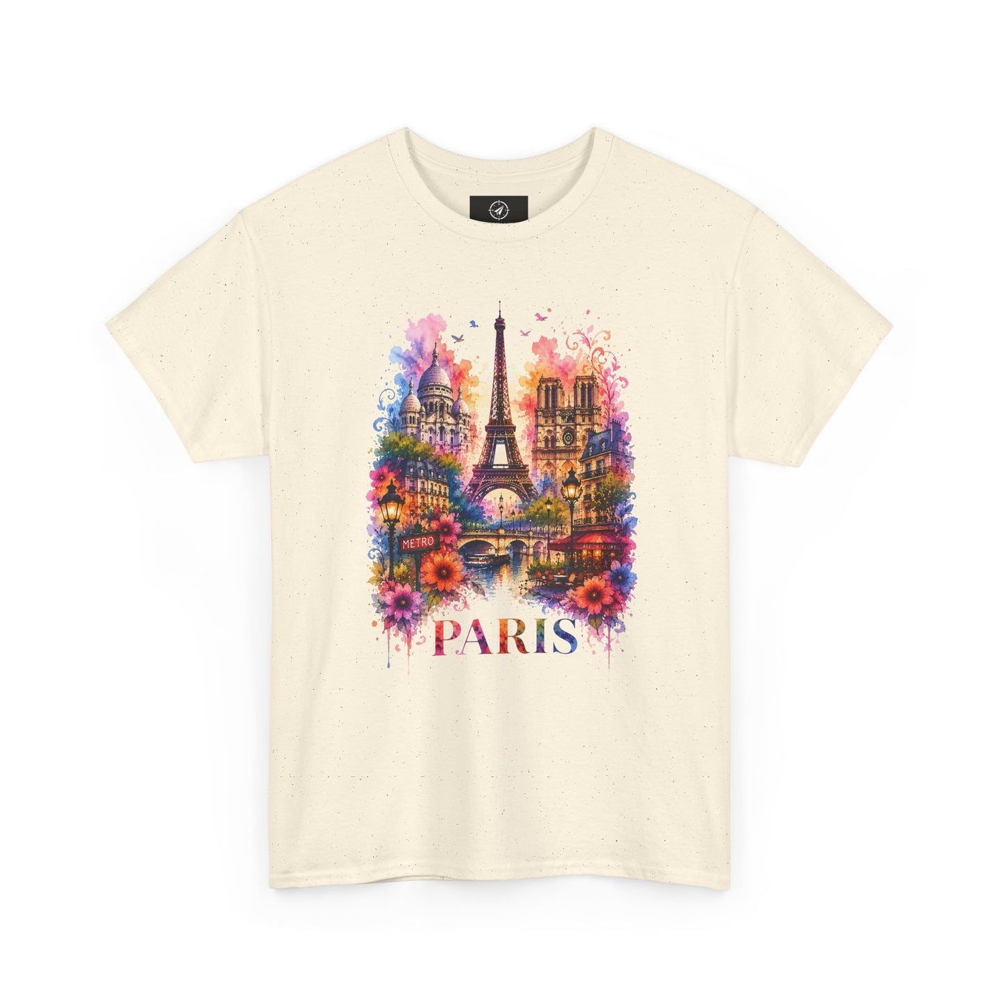 Unisex cream T-shirt with colorful floral Eiffel Tower graphic and “PARIS”