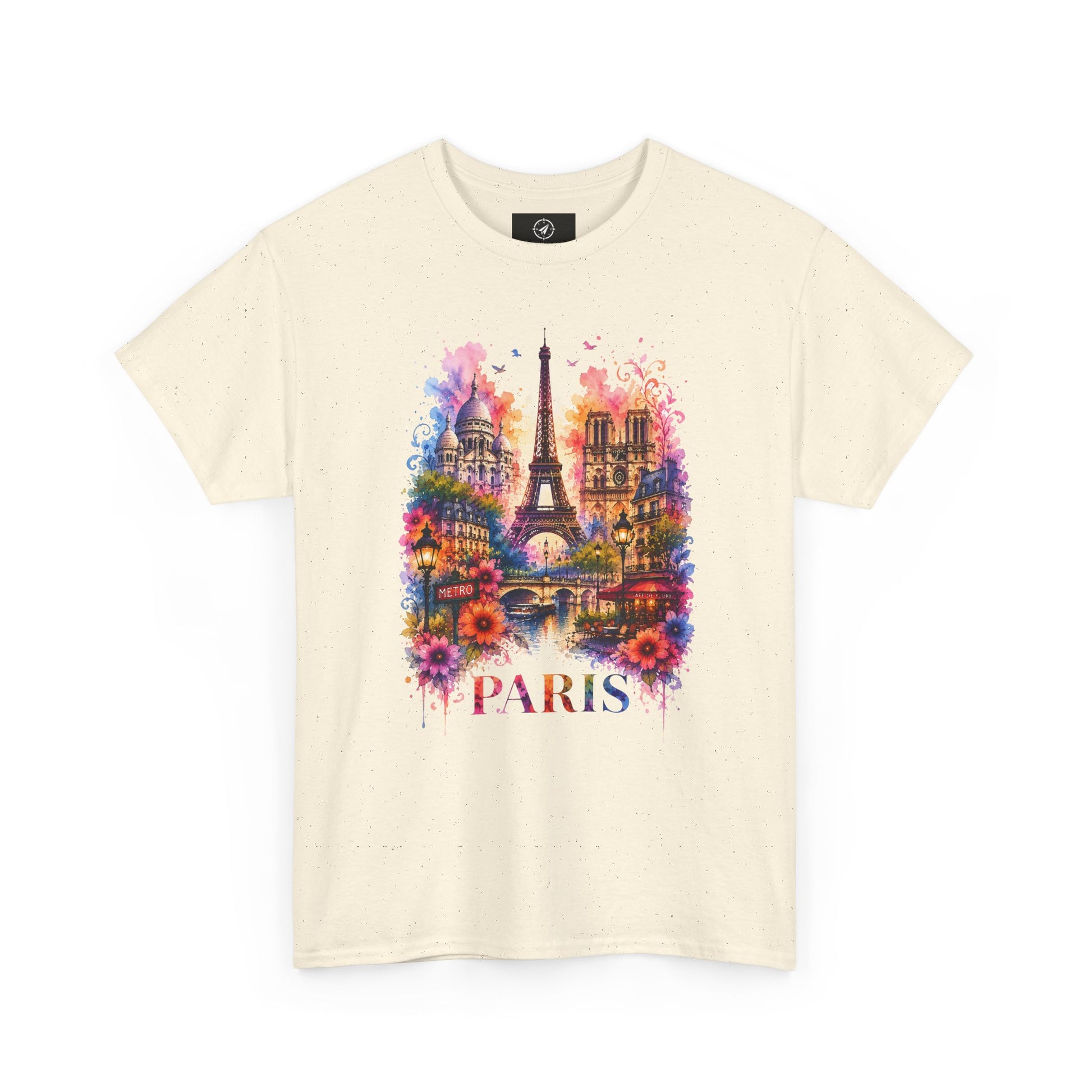 Unisex cream T-shirt with colorful floral Eiffel Tower graphic and “PARIS”