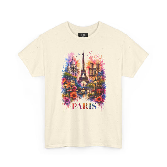 Unisex cream T-shirt with colorful floral Eiffel Tower graphic and “PARIS”