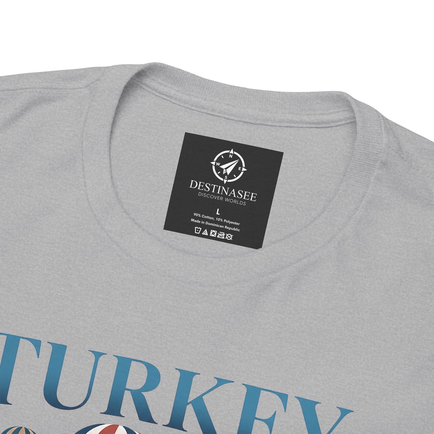 Heather gray T-shirt with small Destinasee label and blue Turkey graphic