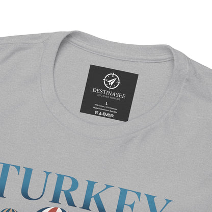 Heather gray T-shirt with small Destinasee label and blue Turkey graphic