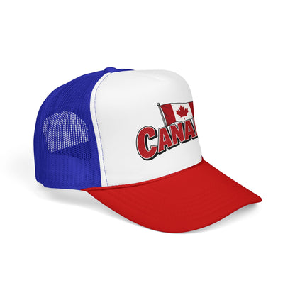 Trucker hat with white front, blue mesh, red brim, and Canada logo patch.