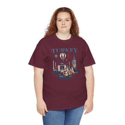 Burgundy T-shirt with blue Turkey graphic, short-sleeve crew neck