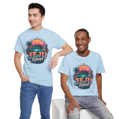 Light blue crew-neck graphic t-shirt worn by two people, front print visible