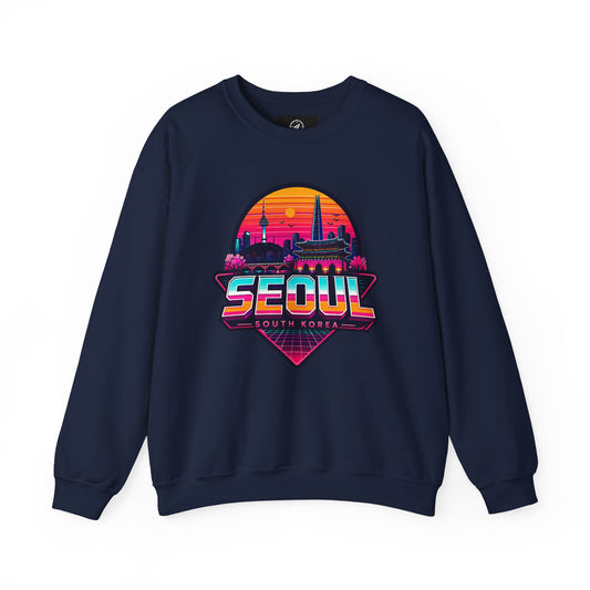 Navy crewneck sweatshirt with Seoul cityscape logo graphic, centered