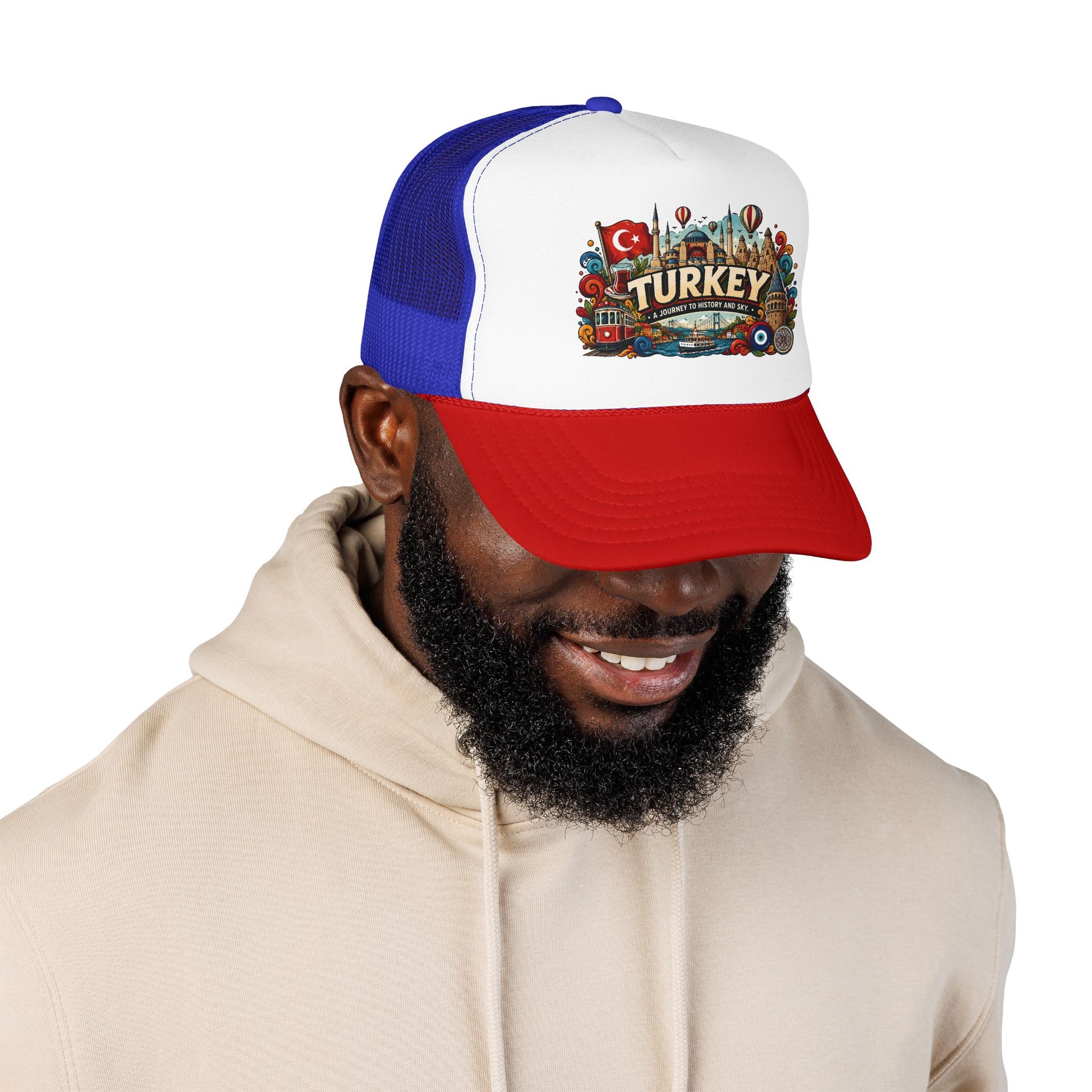 Blue and red mesh trucker hat with colorful Turkey logo patch and curved brim