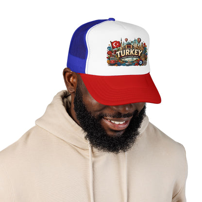 Blue and red mesh trucker hat with colorful Turkey logo patch and curved brim