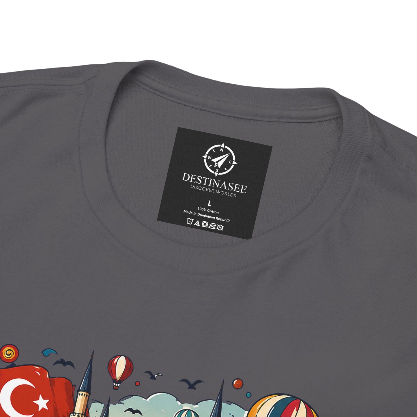 Charcoal graphic tee close-up of neckline and small black brand tag