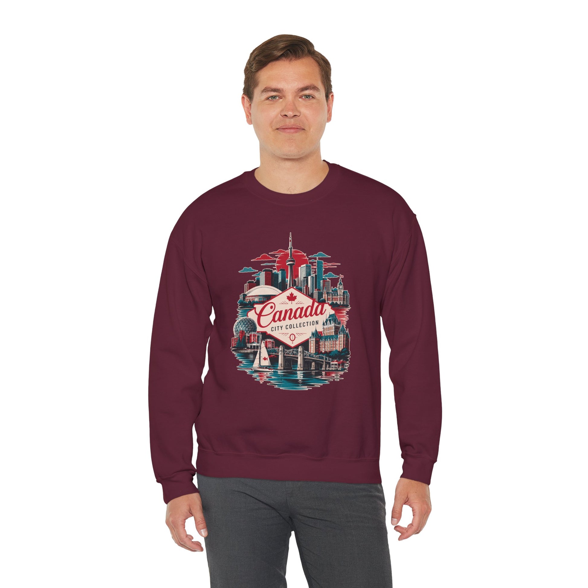 Maroon crewneck sweatshirt with multicolor Toronto Canada graphic on front.