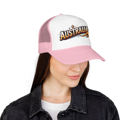 Australia trucker hat on a woman, pink mesh sides, white front, curved brim