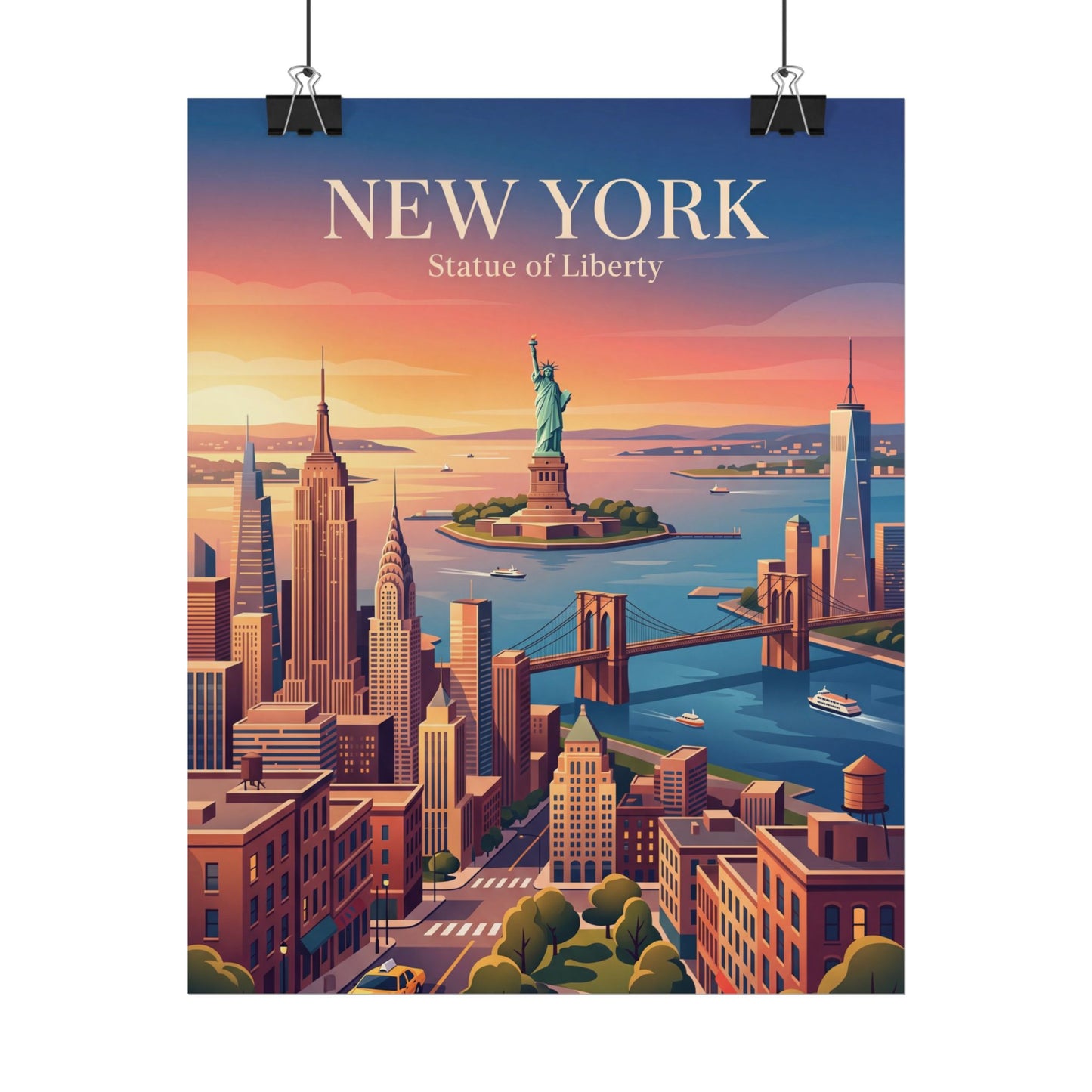 Hanging poster: New York skyline with Statue of Liberty at sunset