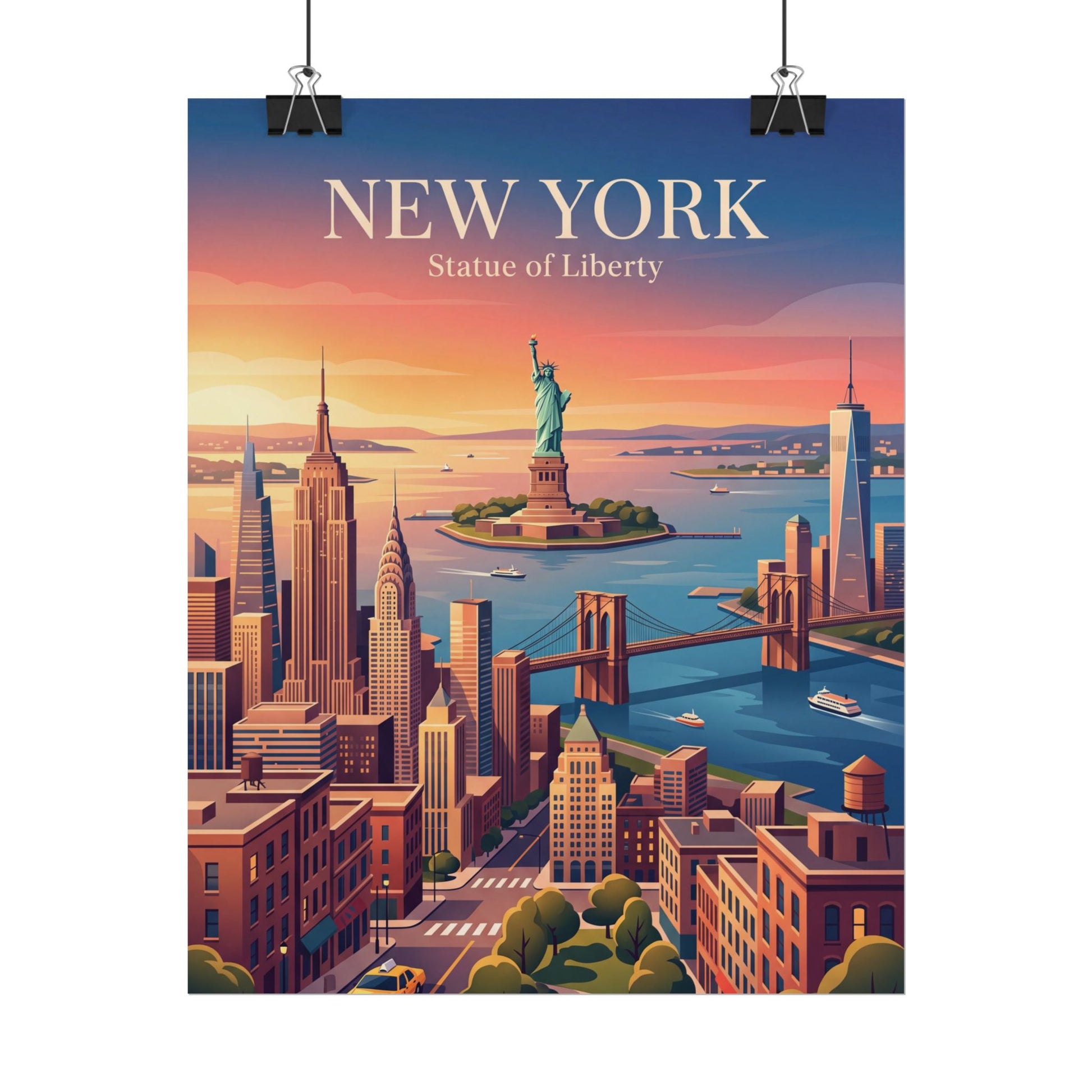 Hanging poster: New York skyline with Statue of Liberty at sunset