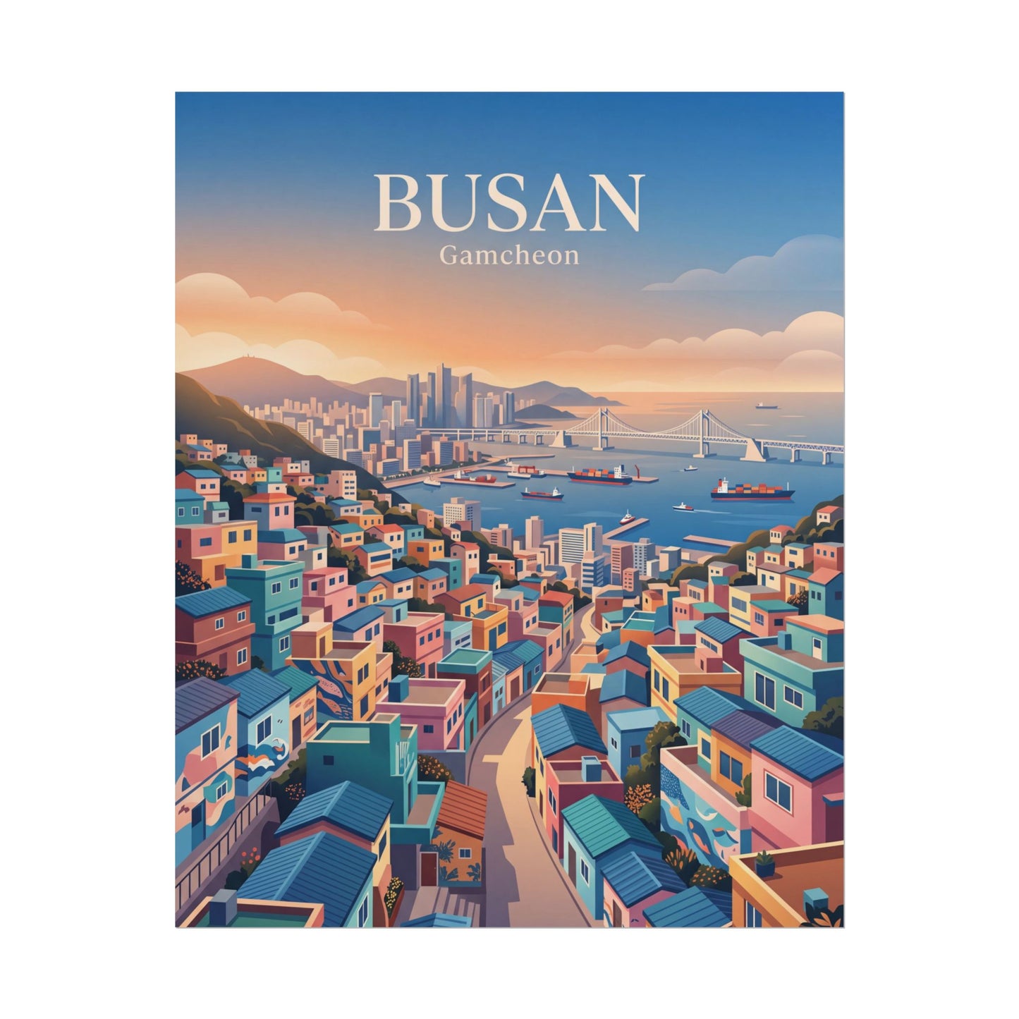 Rolled travel poster featuring Busan Gamecheon neighborhood streets and port ships