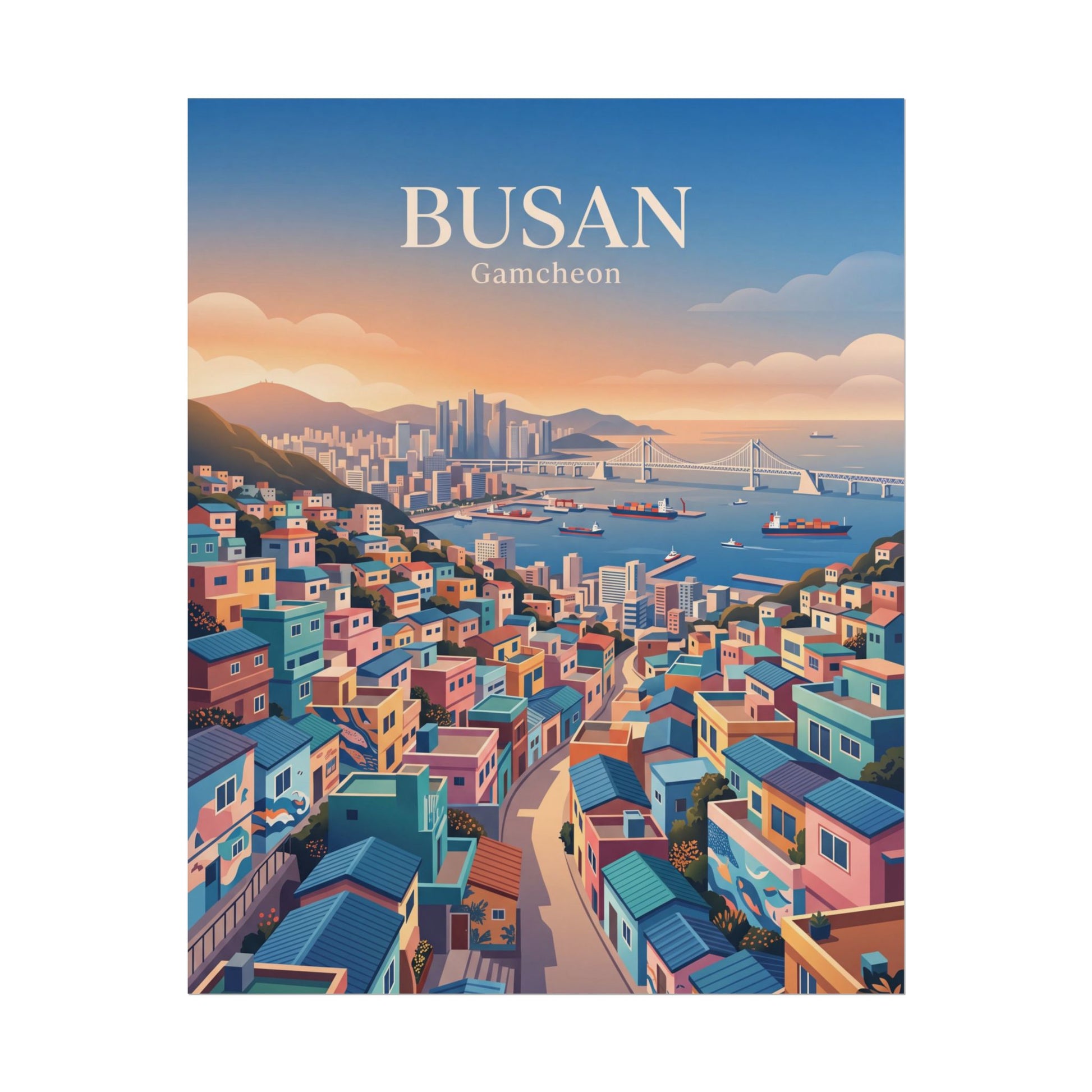 Rolled travel poster featuring Busan Gamecheon neighborhood streets and port ships