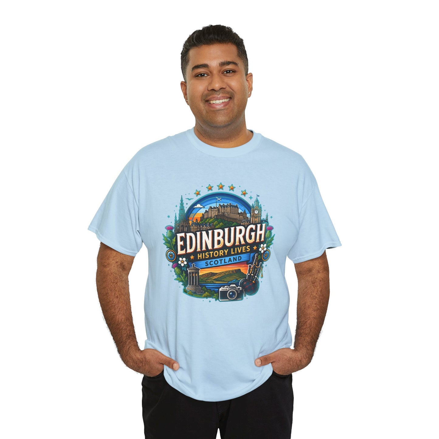 Light blue crewneck T-shirt with circular Edinburgh graphic on the chest