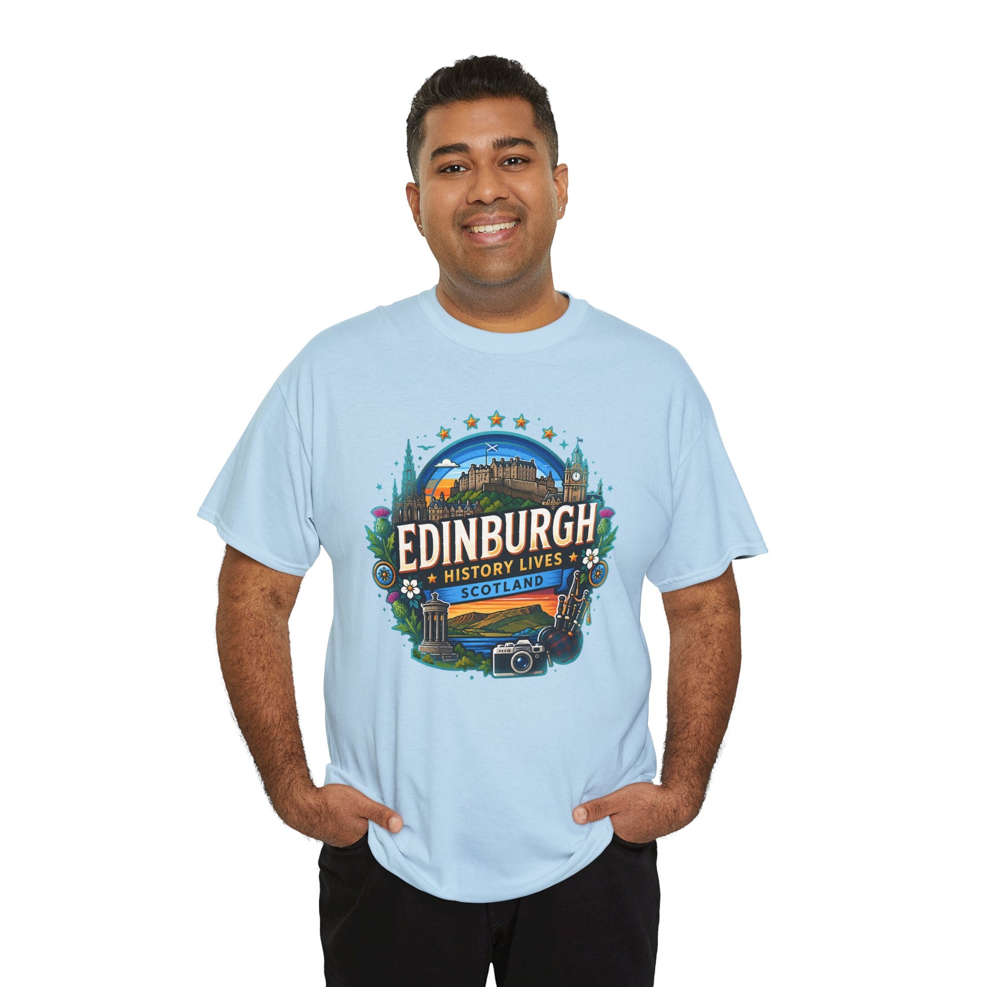Light blue crewneck T-shirt with circular Edinburgh graphic on the chest