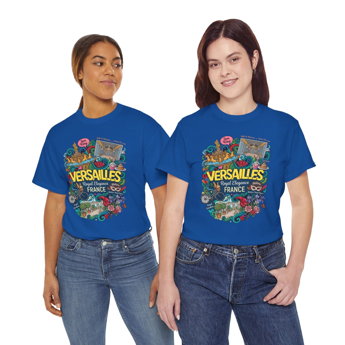 Versailles France illustration T-shirt in royal blue, with colorful front graphic print