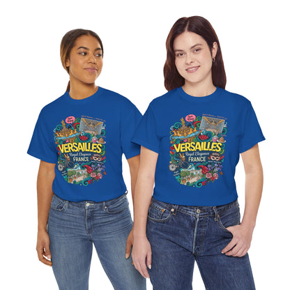 Versailles France illustration T-shirt in royal blue, with colorful front graphic print