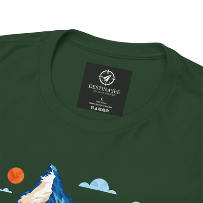 Forest green T-shirt with Destinasee neck label and partial mountain graphic